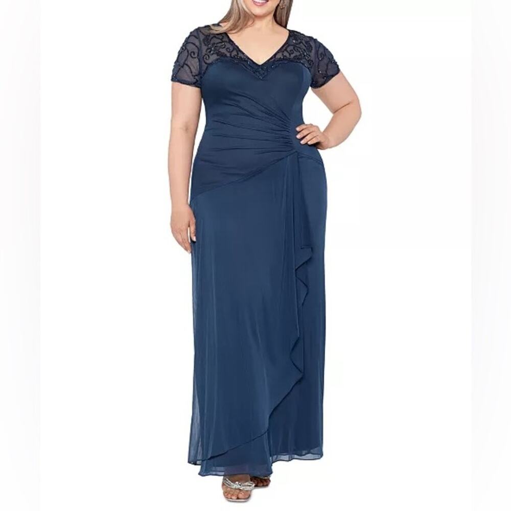 XSCAPE Beaded Illusion-Trim Side-Ruched Gown Charcoal Women’s NWT - Picture 2 of 14